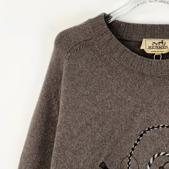 IM0280 Hermes Hermes dark brown horse whip embroidered design cashmere round nec - Picture 3 of 8